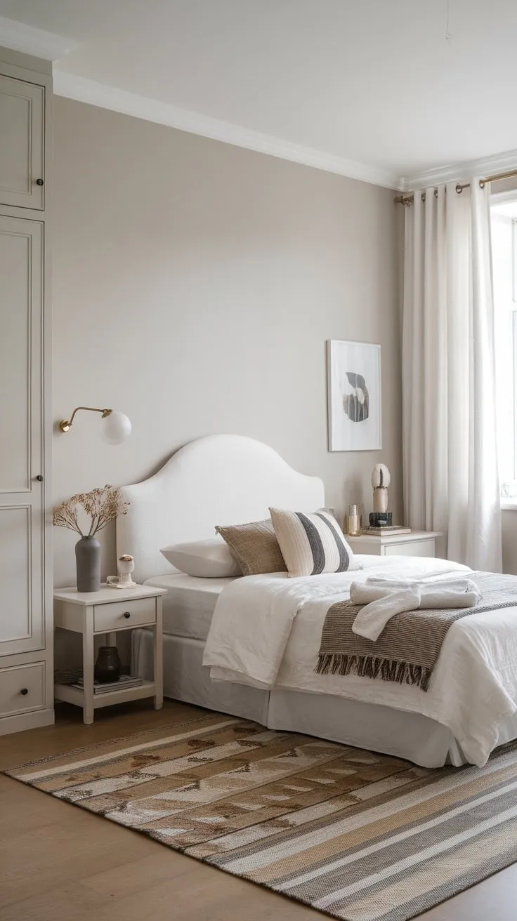 A light gray Scandinavian guest room offers simple elegance with a queen bed and ample storage.