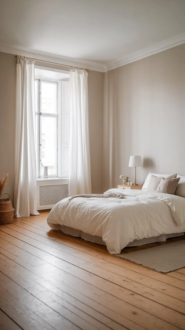 A serene Scandinavian bedroom, featuring light grey walls, wooden floors, and minimalist furnishings, exudes calm.