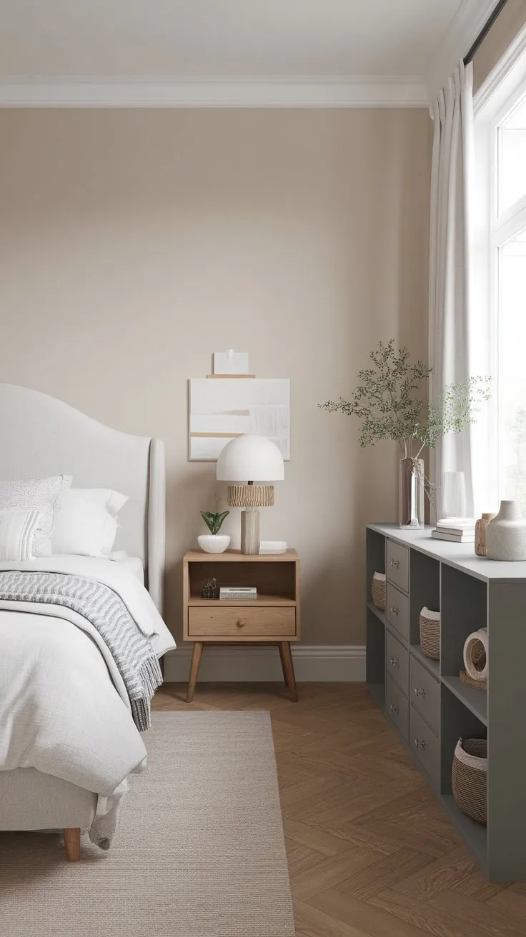 A calming Scandinavian king-size bedroom features a neutral palette, natural wood, and understated elegance.