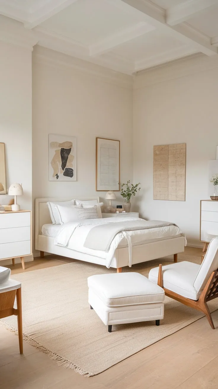 A serene Scandinavian master bedroom features light wood floors, neutral tones, and minimalist furniture for a peaceful retreat