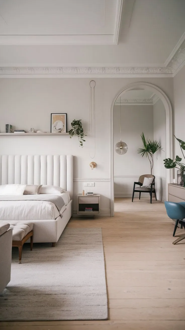Light grey walls, pale wood floors, and minimalist furniture create a serene Scandinavian master bedroom sanctuary