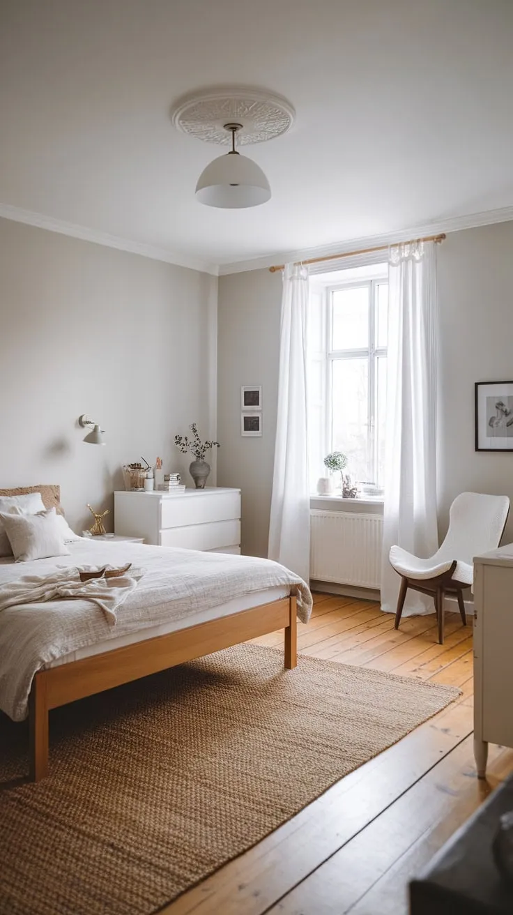 A minimalist Scandinavian bedroom features a neutral palette, natural wood, and soft textures for a calming atmosphere.