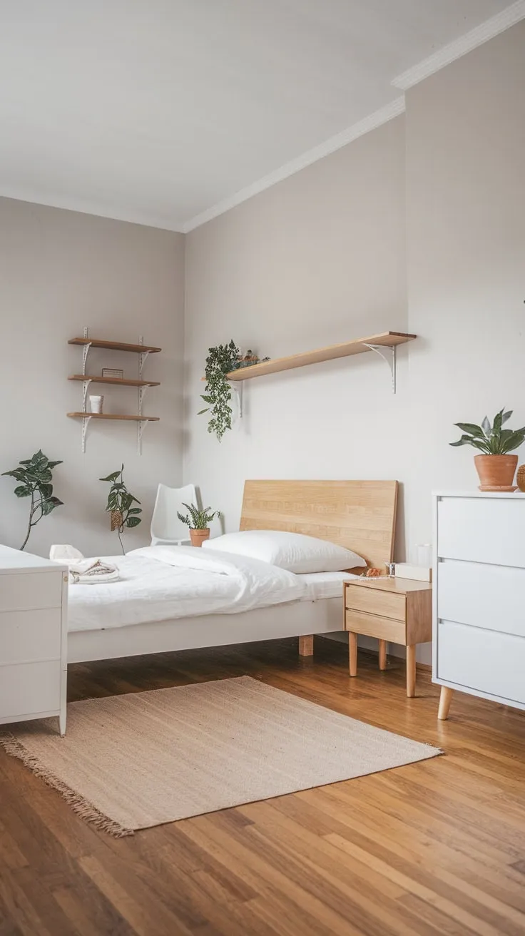 Light grey walls and natural wood accents create a serene Scandinavian bedroom sanctuary