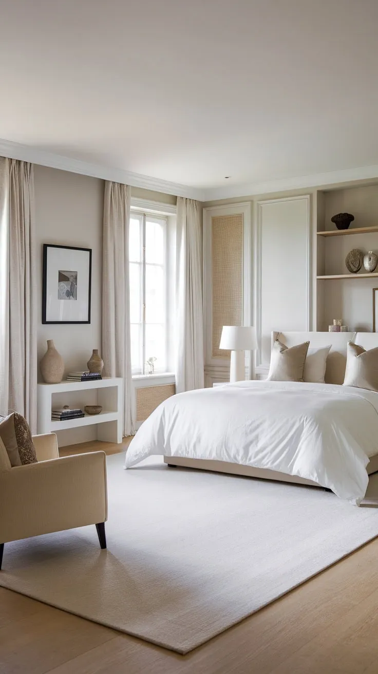 A minimalist queen-size bed and subtle personal touches define this luxurious Scandinavian bedroom.