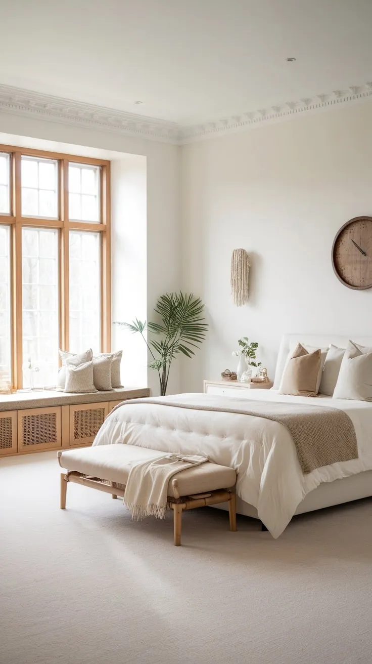Serene Scandinavian master bedroom design features light wood, neutral tones, and abundant natural light for a peaceful retreat