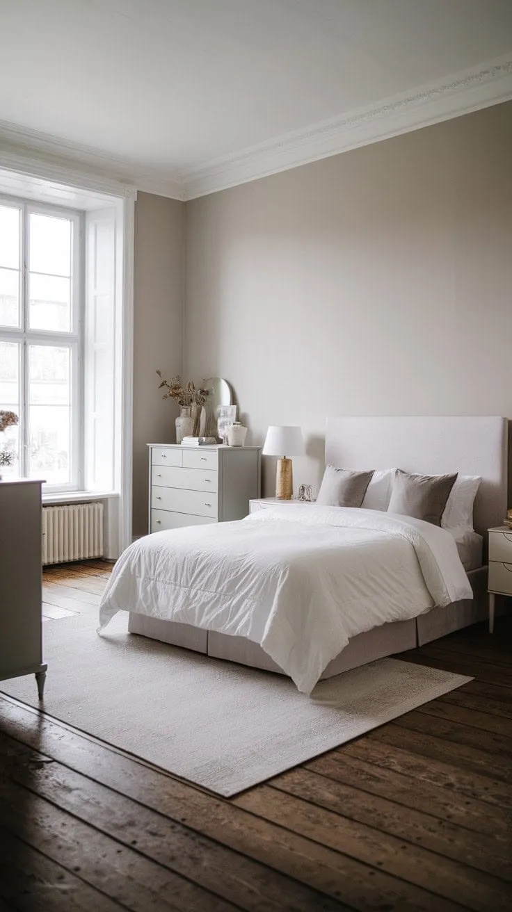Discover serenity in this beautifully crafted master bedroom, where a soothing neutral palette, rich dark wood floors, and abundant natural light harmonize with {{A}} to create a tranquil retreat.