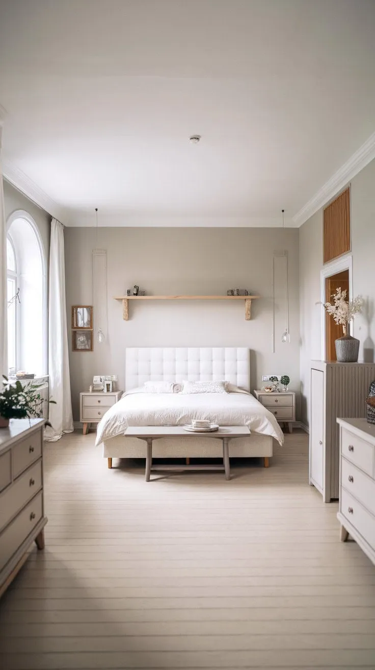 Experience serene tranquility in this Scandinavian-style master bedroom, where a soothing neutral palette and natural wood accents harmonize with abundant light for a cozy minimalist retreat.