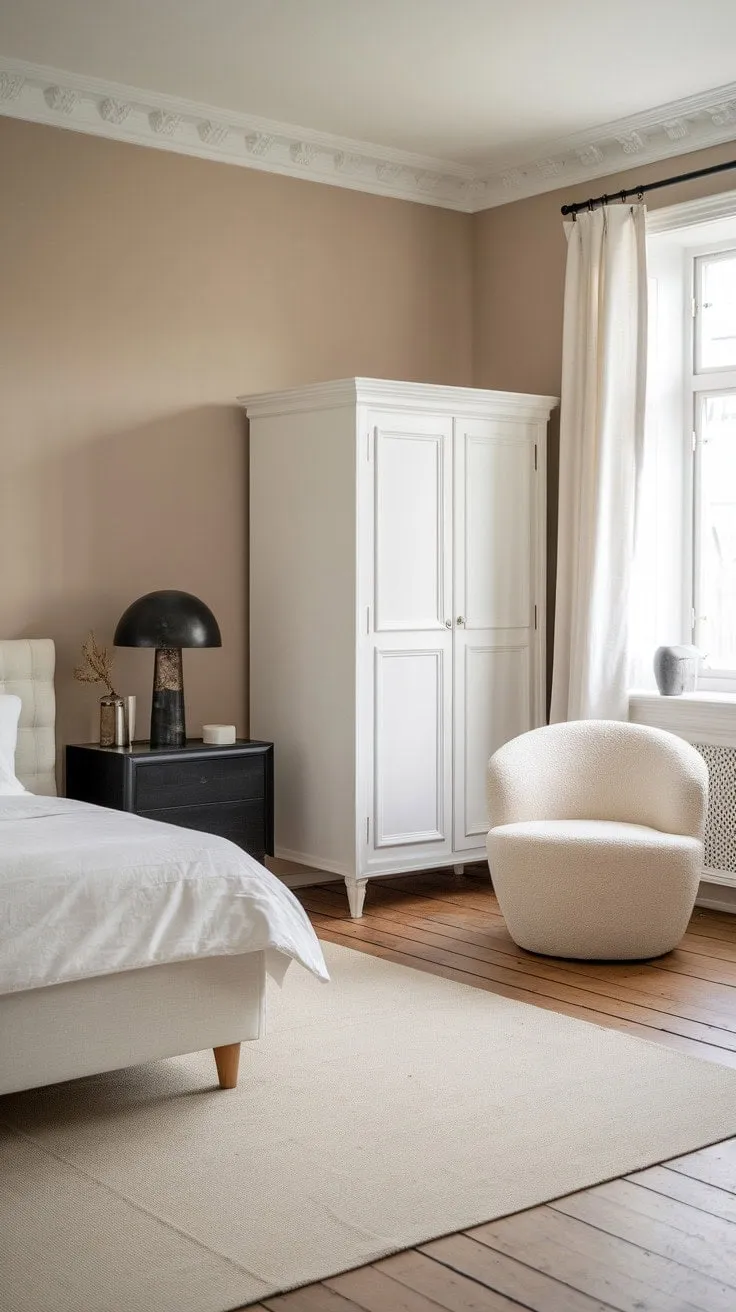 Discover tranquility in a master bedroom where sophisticated neutral tones and natural materials harmoniously blend for a serene retreat.