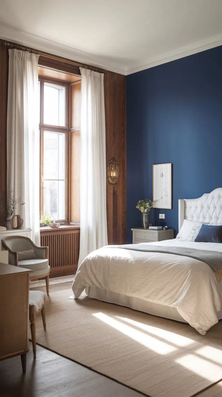 A tranquil Scandinavian retreat, where royal blue and natural wood harmonize under soft, expansive light, embodies understated luxury.