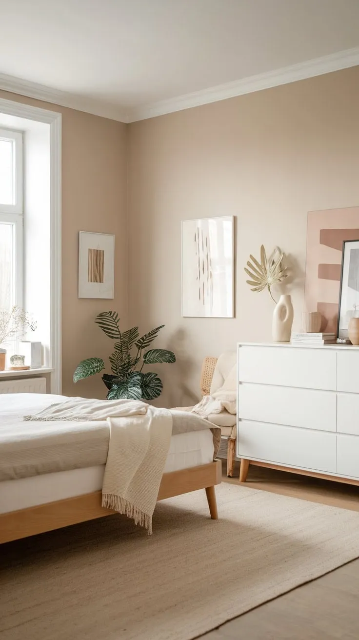 Neutral tones and natural wood create a serene Scandinavian guest bedroom, perfect for peaceful slumber.