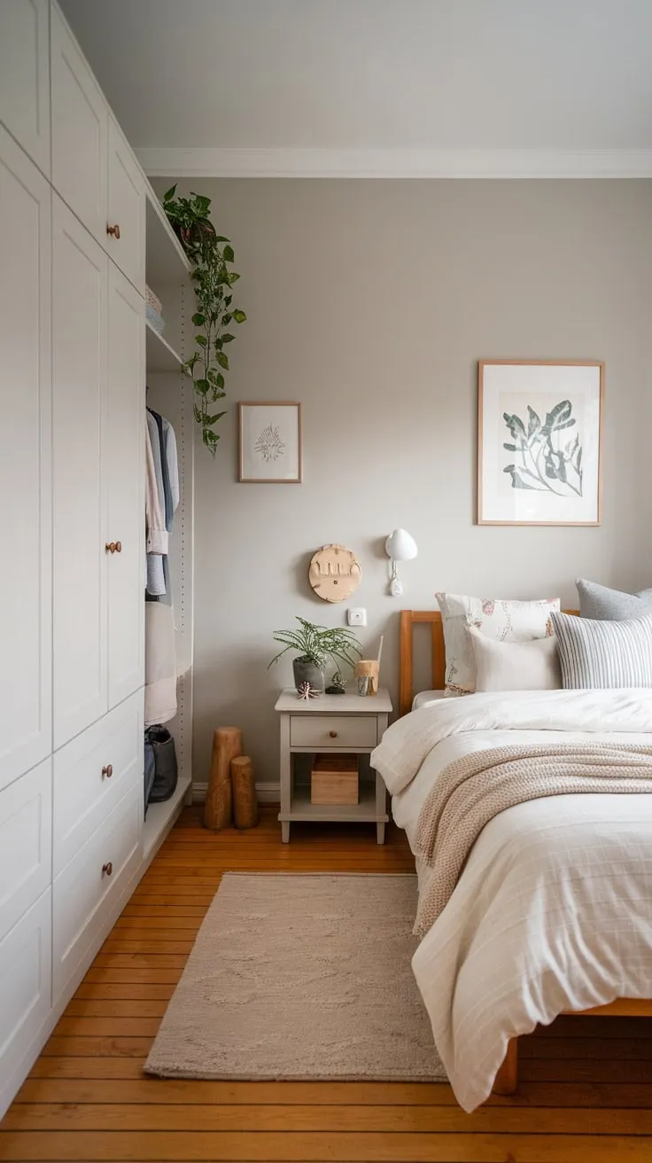 A peaceful Scandinavian bedroom features minimalist furniture and calming natural elements for a restful retreat.