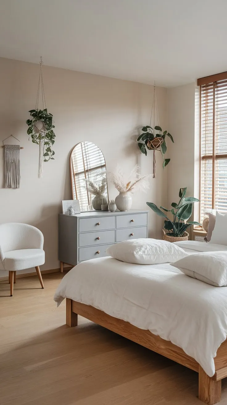A peaceful Scandinavian bedroom features a wooden bed, light wood floors, and calming beige walls.