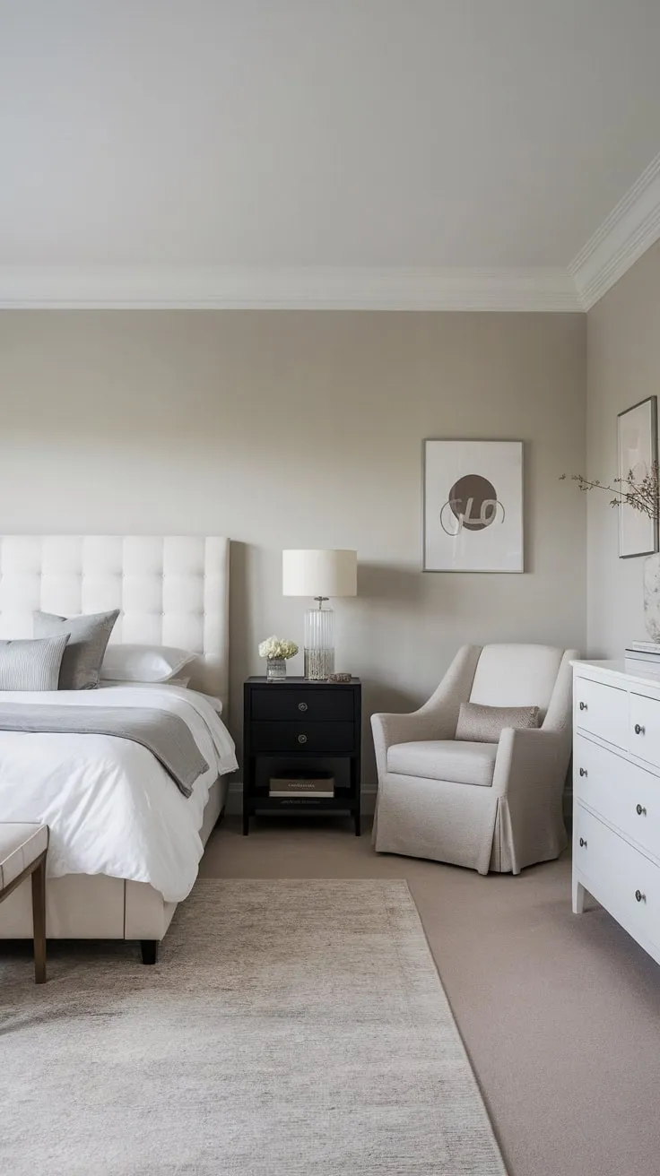 A serene Scandinavian master bedroom boasts a neutral palette and minimalist furniture for a luxurious yet peaceful retreat