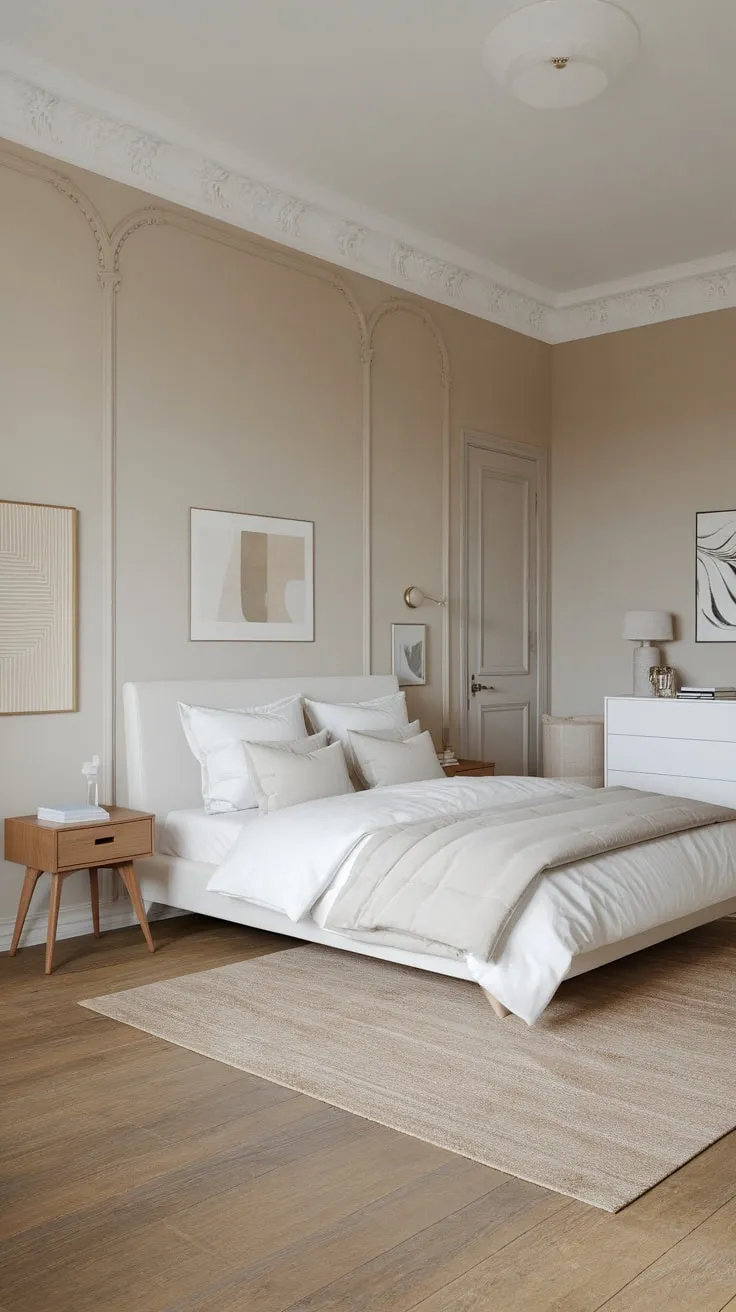 Serene beige walls and light wood accents create a minimalist Scandinavian bedroom haven