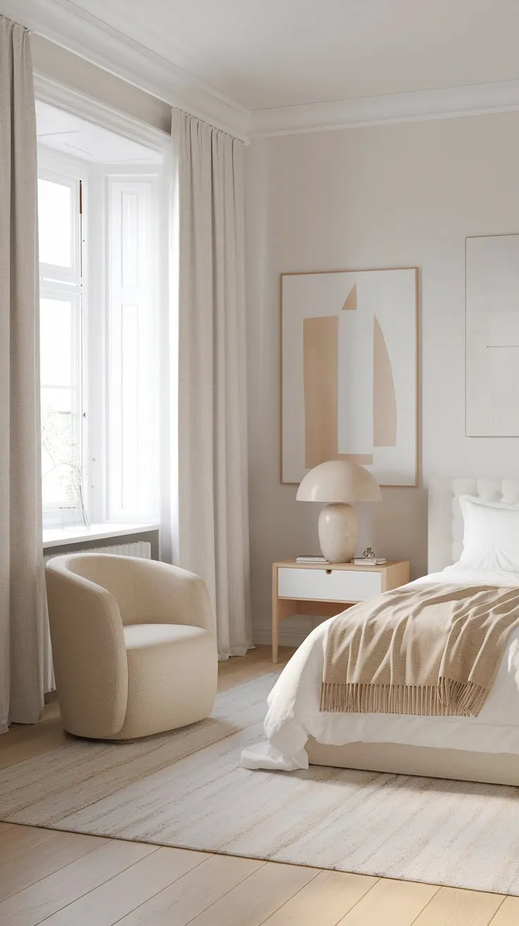 A serene Scandinavian master bedroom features a calming neutral palette, natural light, and minimalist décor for ultimate relaxation