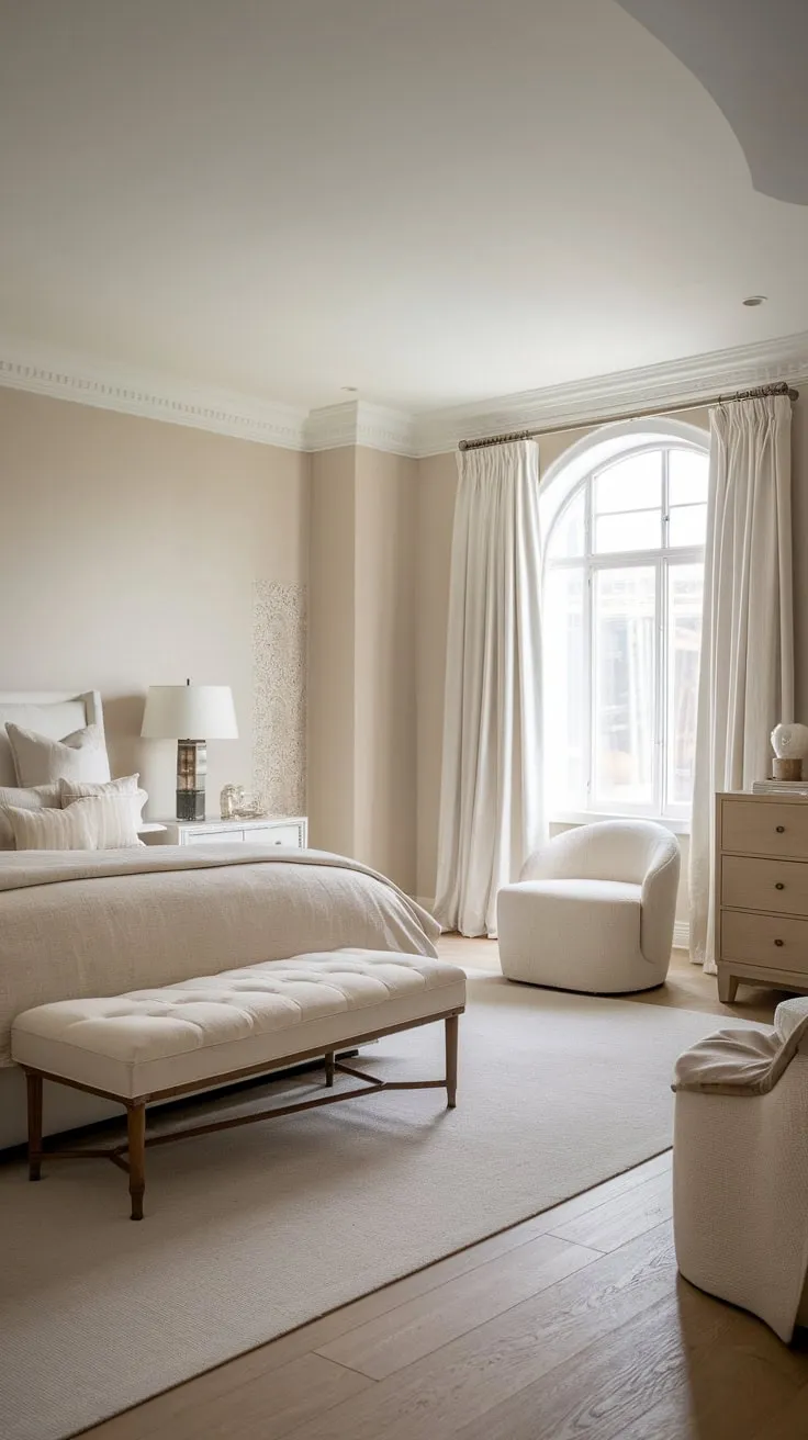 A calming beige and white Scandinavian bedroom exudes luxury with its light wood floors and ample natural light.