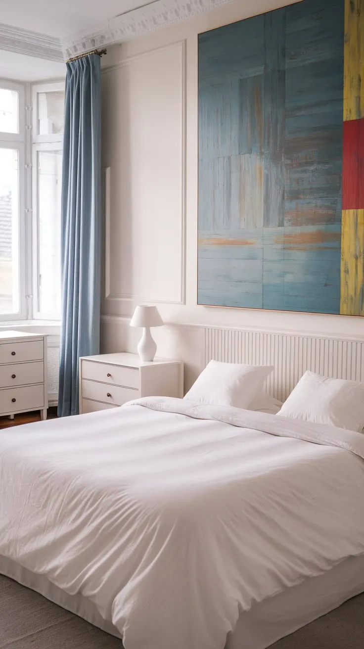 A calming Scandinavian master bedroom boasts a king-size bed, vibrant artwork, and minimalist white furniture, creating a serene sanctuary.
