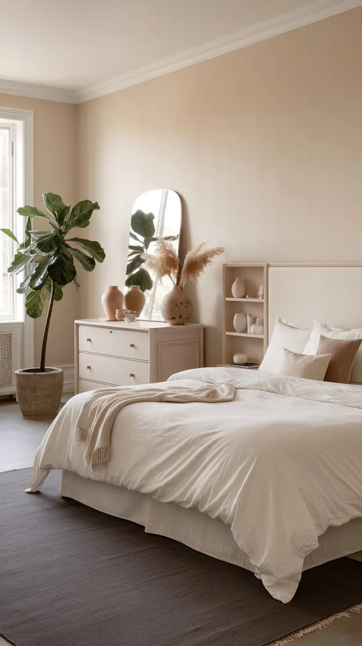 Serene beige walls and a dark gray rug anchor a minimalist Scandinavian master bedroom featuring a king-size bed and calming natural elements.