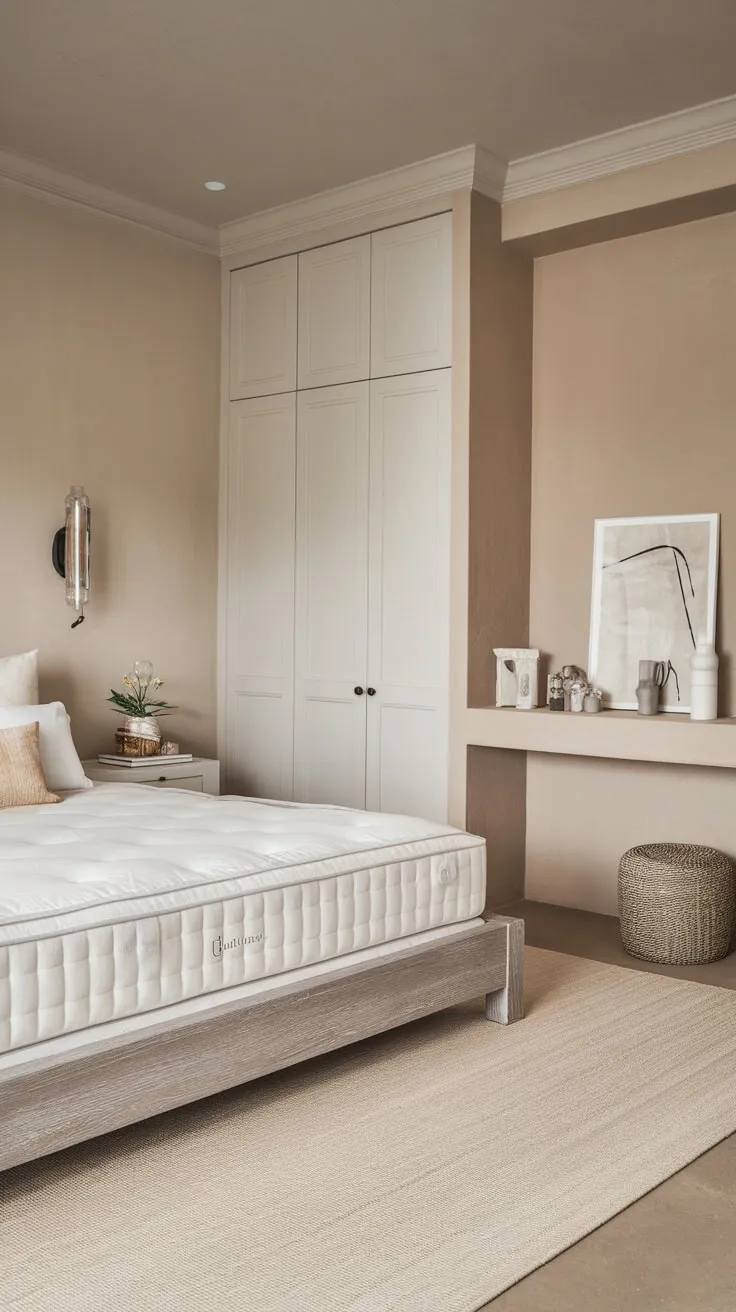 A calming beige and grey palette creates a luxurious Scandinavian king-size bedroom haven.