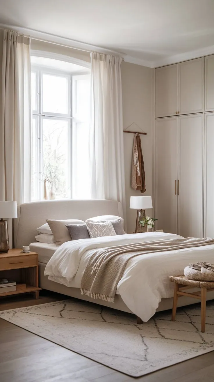 Serene Scandinavian luxury defines this master bedroom, its neutral palette and minimalist furniture creating a peaceful haven.