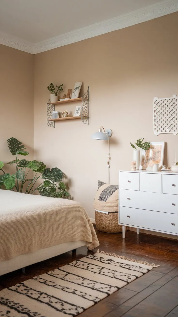 Calm beige walls and dark wood floors create a serene Scandinavian bedroom haven