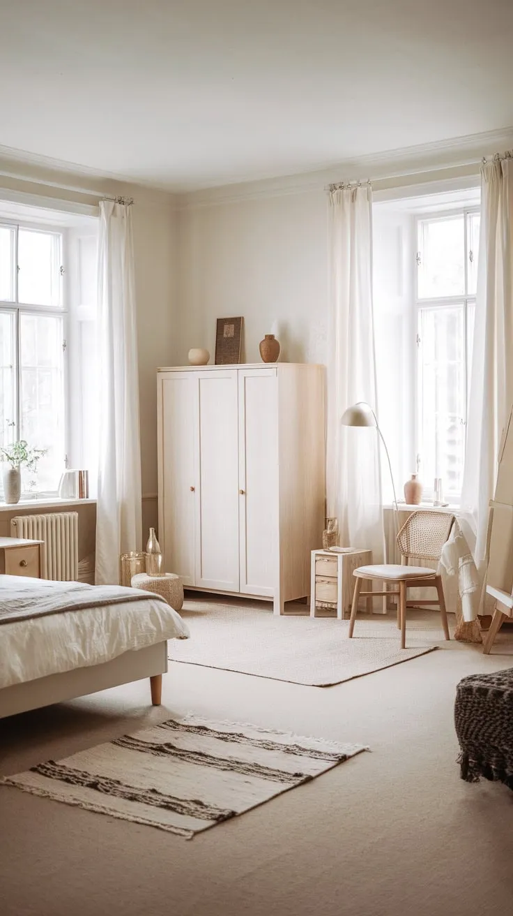 A serene Scandinavian bedroom features light wood, neutral tones, and ample natural light filtering through large windows.