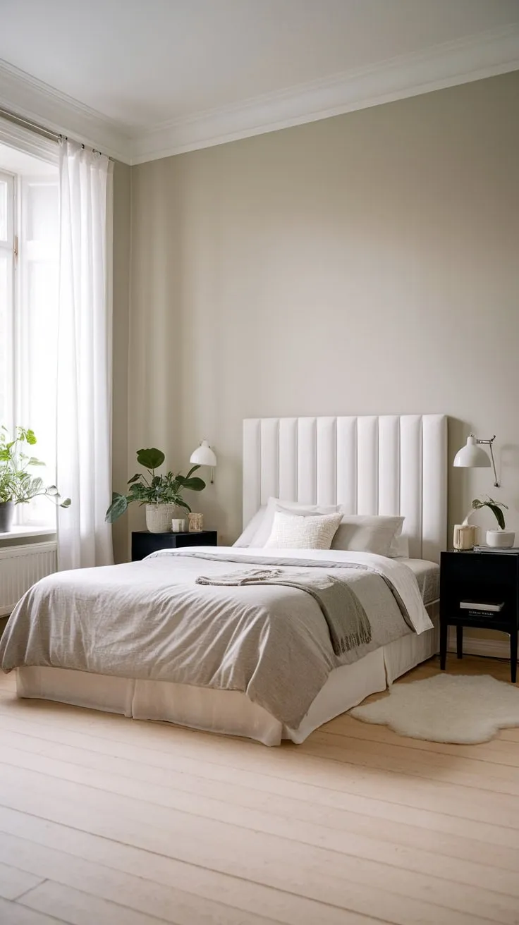 Natural light floods a serene Scandinavian bedroom featuring a grey and white color scheme, minimalist furniture, and calming greenery.