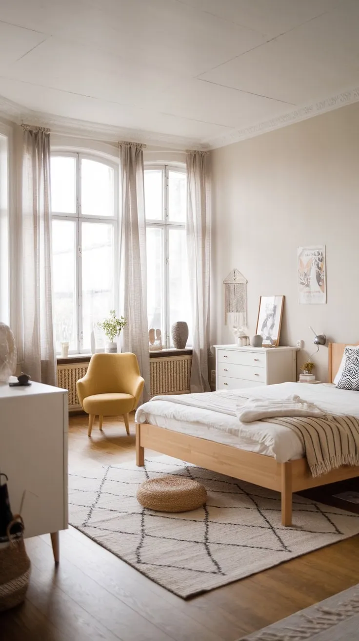 A minimalist Scandinavian bedroom boasts natural light, wooden floors, and a calming palette accented by a cheerful yellow chair.