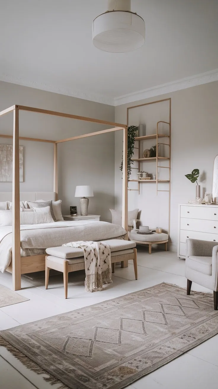 A serene Scandinavian bedroom boasts a neutral palette, natural wood accents, and calming gray tones for a peaceful retreat