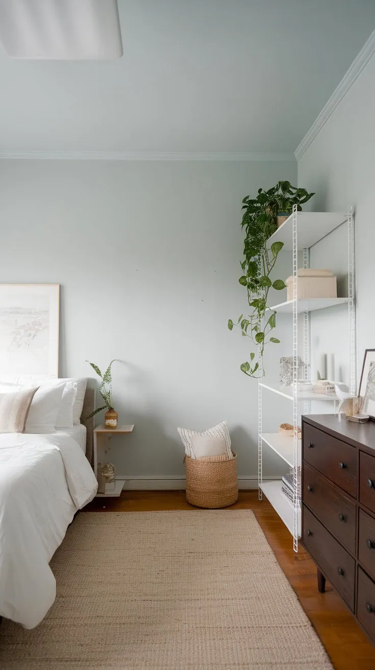 A peaceful Scandinavian bedroom features a light blue palette, natural wood accents, and minimalist furniture for a tranquil atmosphere