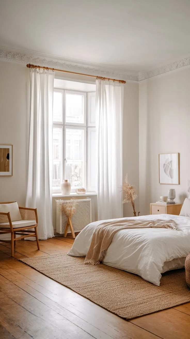 A serene Scandinavian bedroom bathed in natural light showcases a calming neutral palette and understated elegance.