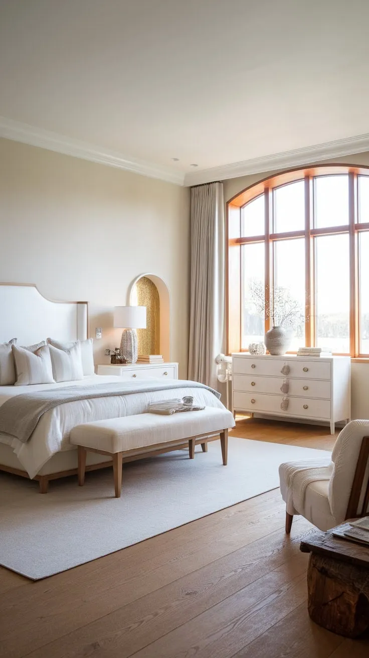 A king-size bed and comfortable seating complete this peaceful Scandinavian haven of white furniture and soft light.