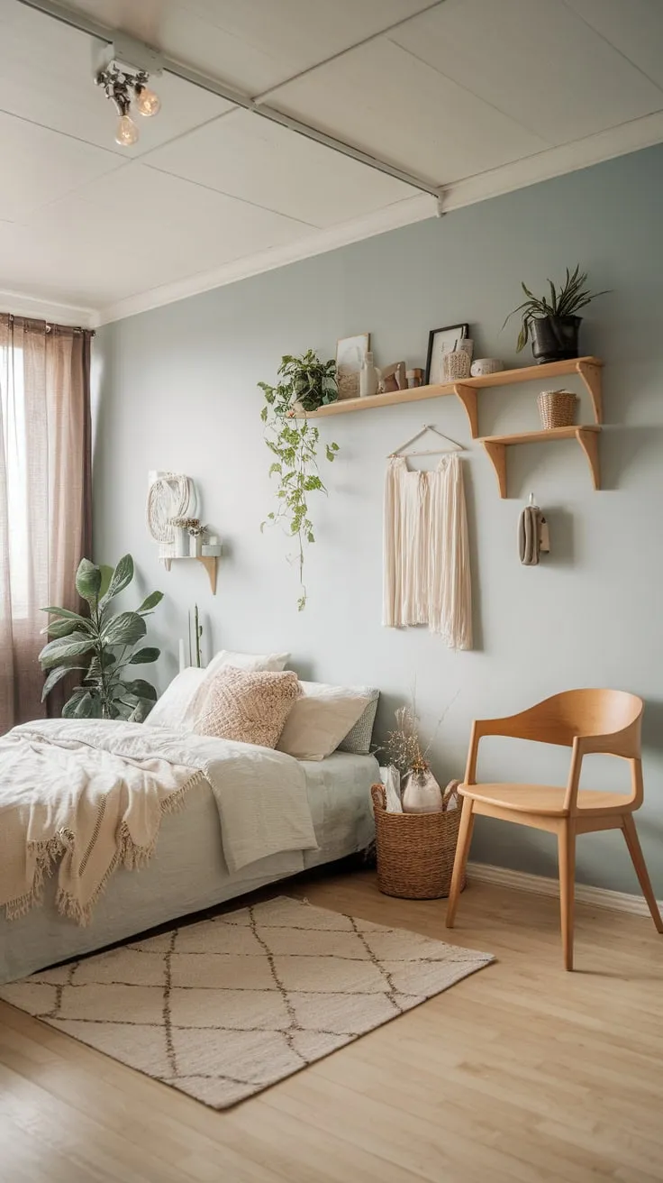 A light blue haven, this Scandinavian bedroom offers cozy comfort with wood, plants, and soft textures.
