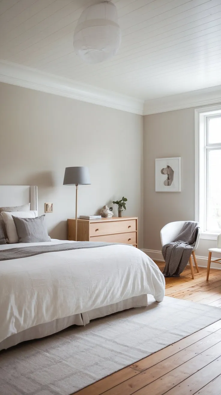 A tranquil Scandinavian bedroom bathed in natural light showcases a minimalist design with a neutral palette and wooden accents.