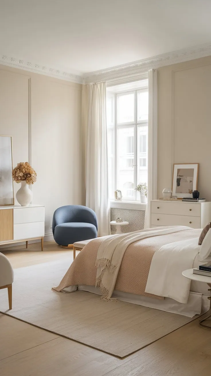 A serene Scandinavian master bedroom boasts light wood floors, calming neutrals, and a king-size bed, creating a peaceful sanctuary.