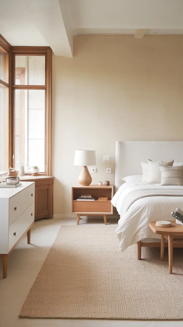 Natural light floods a serene Scandinavian master bedroom featuring a king-size bed, wooden furniture, and a calming neutral palette.