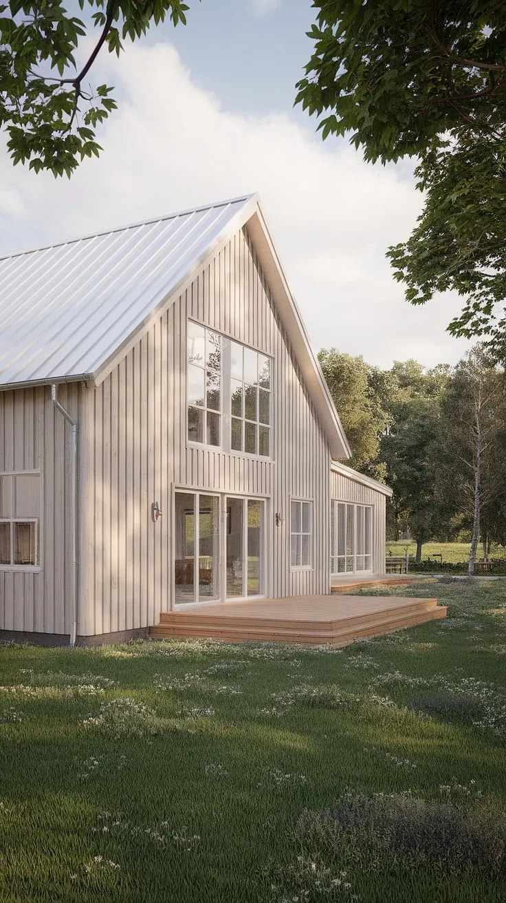 Nestled amongst the trees, this light wood Scandinavian farmhouse offers a tranquil escape. Its clean lines and expansive windows maximize natural light, while the generous deck provides the perfect spot to enjoy the serene landscape. A dream home, effortlessly stylish and deeply connected to nature.