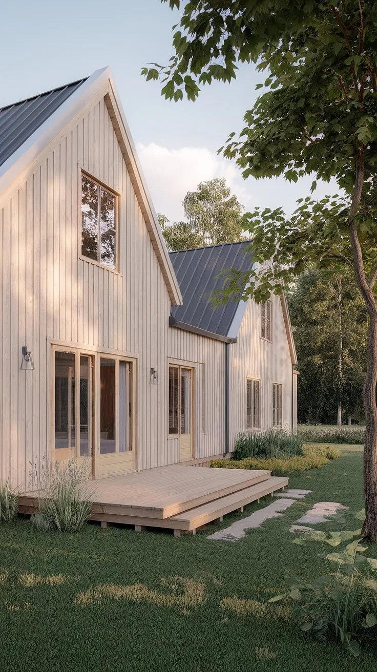 Nestled amongst the lush greenery, this Scandinavian farmhouse effortlessly blends rustic charm with modern elegance. The light wood exterior and expansive deck create a welcoming atmosphere, perfect for embracing the tranquility of nature. A testament to thoughtful design, it's a home where comfort and style coexist seamlessly.