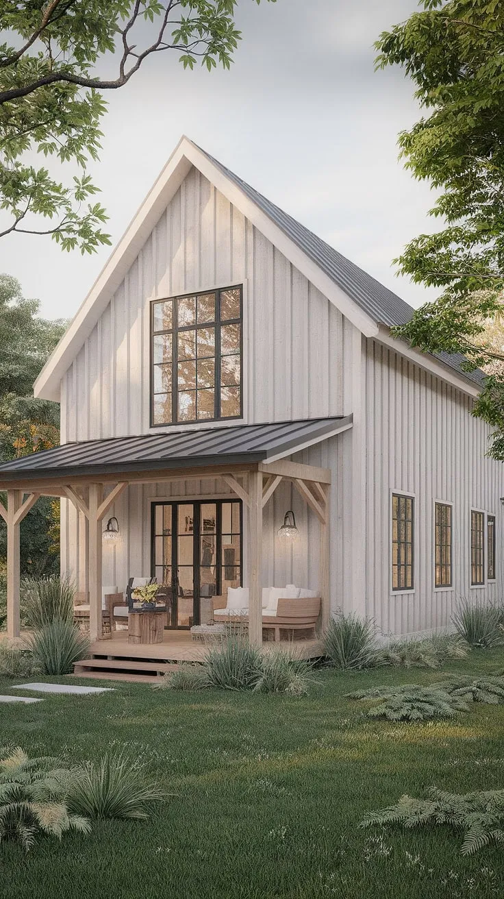 Nestled amongst lush greenery, this Scandinavian farmhouse effortlessly blends rustic charm with modern elegance. The light wood exterior and expansive windows invite natural light to illuminate the airy interior, where white walls, black accents, and warm wooden furniture create a space of serene comfort. A perfect sanctuary, this home embodies the essence of simple living.