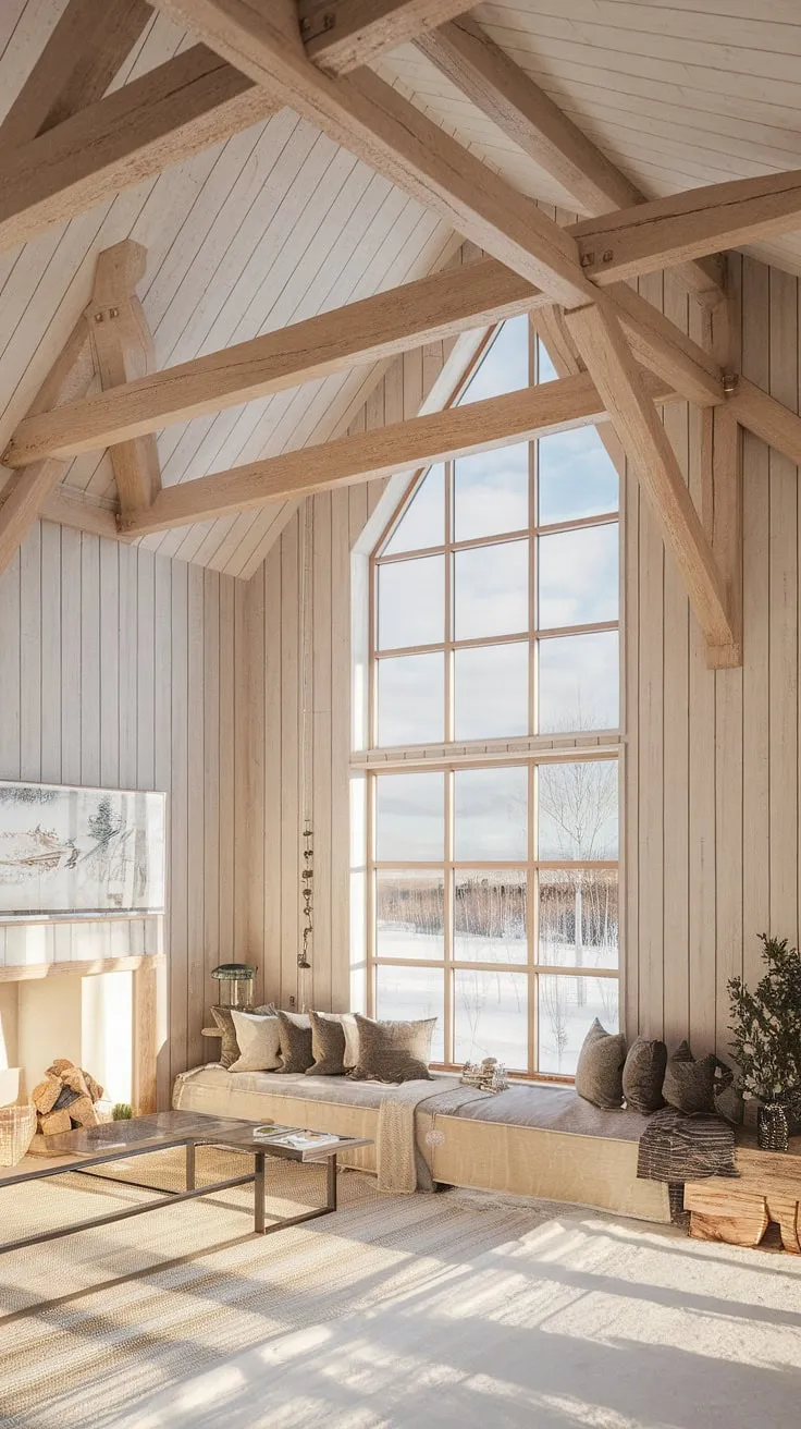 Winter's embrace softens the sharp lines of this Scandinavian farmhouse; the light wood exterior, rustic modern interior, and expansive window offering a breathtaking view of the snow-covered landscape create a sanctuary of warmth and serenity. The crackling fireplace adds to the cozy atmosphere, a perfect blend of rustic charm and modern comfort. A true escape.
