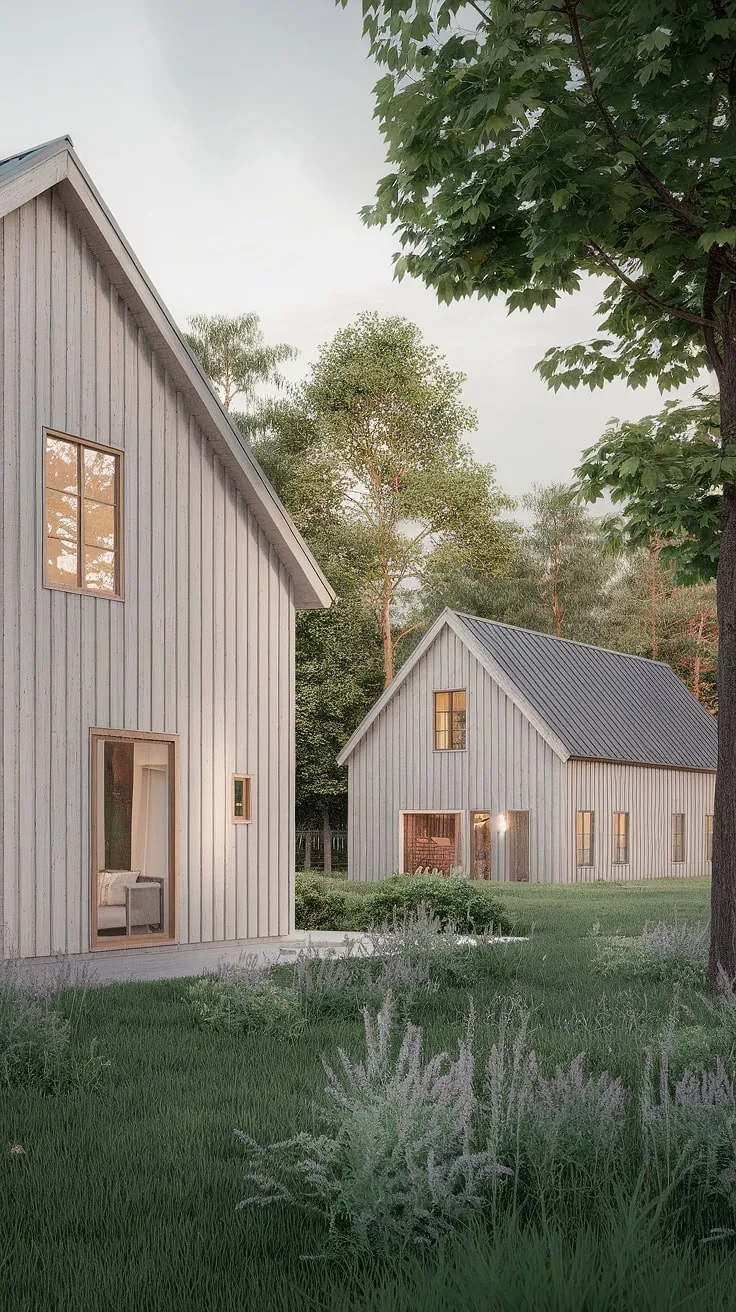 Serene Scandinavian living redefined. This stunning farmhouse, with its light wood exterior and rustic-modern interior, sits harmoniously alongside a complementary barnhouse, showcasing the best of contemporary Nordic design. The lush greenery provides a tranquil backdrop, creating a sanctuary of peace and understated elegance. A perfect blend of old-world charm and modern minimalism.