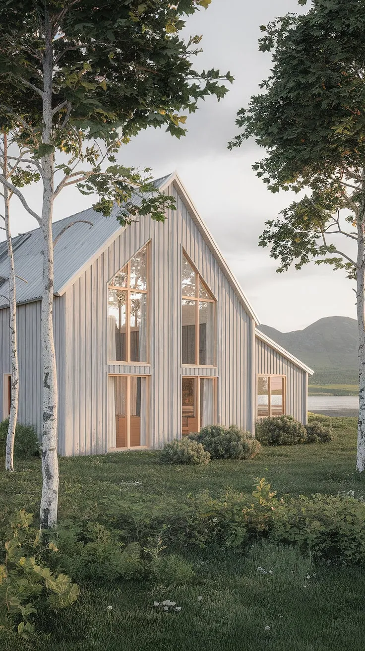 Sunlight dances across the expansive windows of this stunning Scandinavian farmhouse. The clean lines and natural wood exterior blend seamlessly with the vibrant landscape, creating a sanctuary of peace and quiet. A truly inspiring example of how architecture can enhance the beauty of its surroundings.