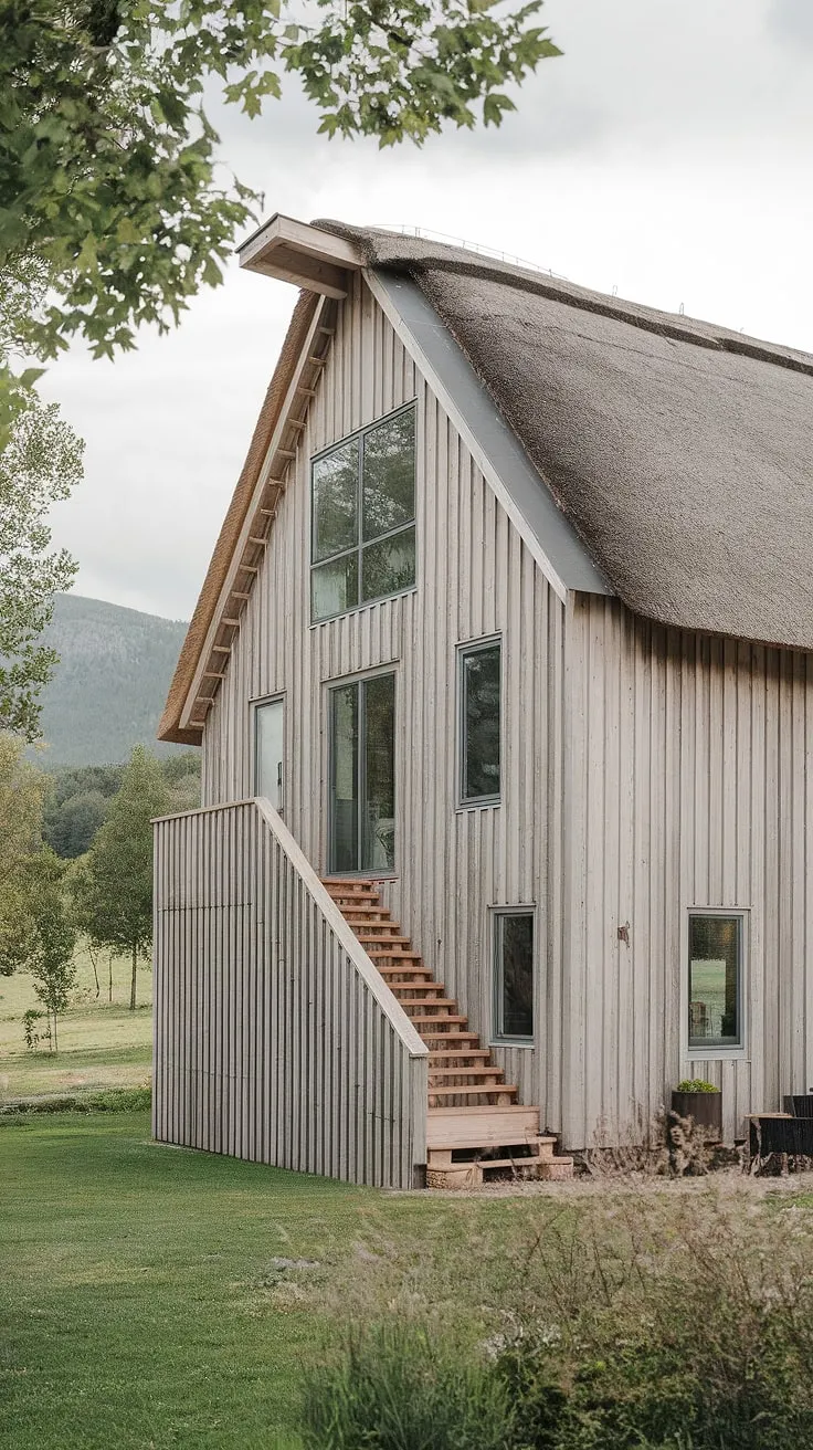 A harmonious blend of nature and architecture. This light wood Scandinavian farmhouse, with its thatched roof and stunning mountain backdrop, embodies serenity. The modern design elements seamlessly integrate with the rustic charm, creating a space of unparalleled peace and beauty. A true testament to thoughtful design.