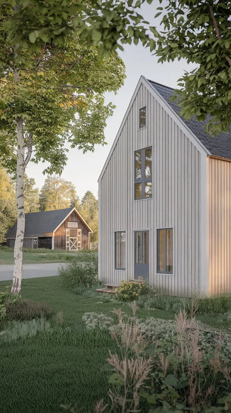 Nestled amidst lush greenery, this Scandinavian farmhouse offers a sanctuary of peace and quiet. Its light wood facade and clean lines reflect the principles of modern Scandinavian architecture, while the traditional barnhouse in the background adds a layer of rustic warmth. A truly idyllic setting, showcasing the beauty of simple, elegant design. A dream home realized.