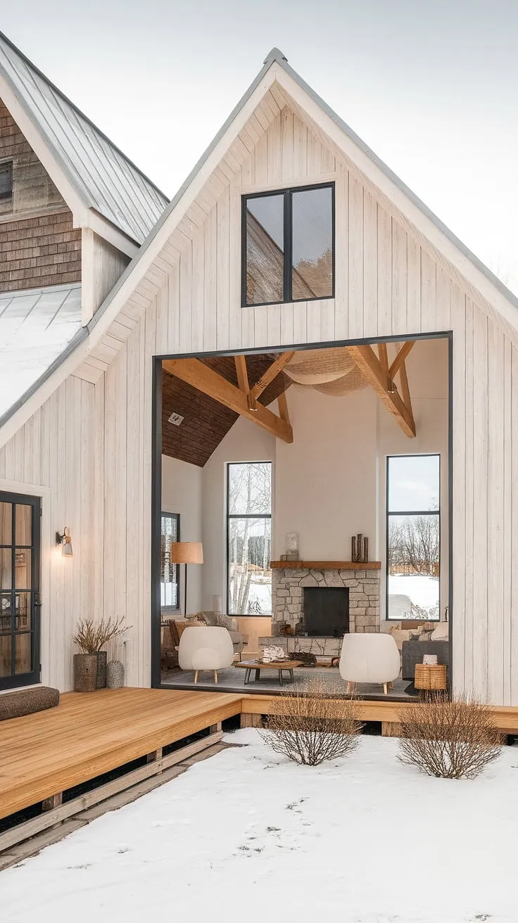 A Scandinavian dream unfolds: light-filled interiors, rustic wooden beams, and a crackling stone fireplace warm the heart on a snowy day. The expansive window offers breathtaking views, while the attached Nordic barnhouse adds a touch of rustic charm, perfectly complementing the modern farmhouse aesthetic. This is the epitome of cozy, tranquil living. A peaceful retreat awaits.