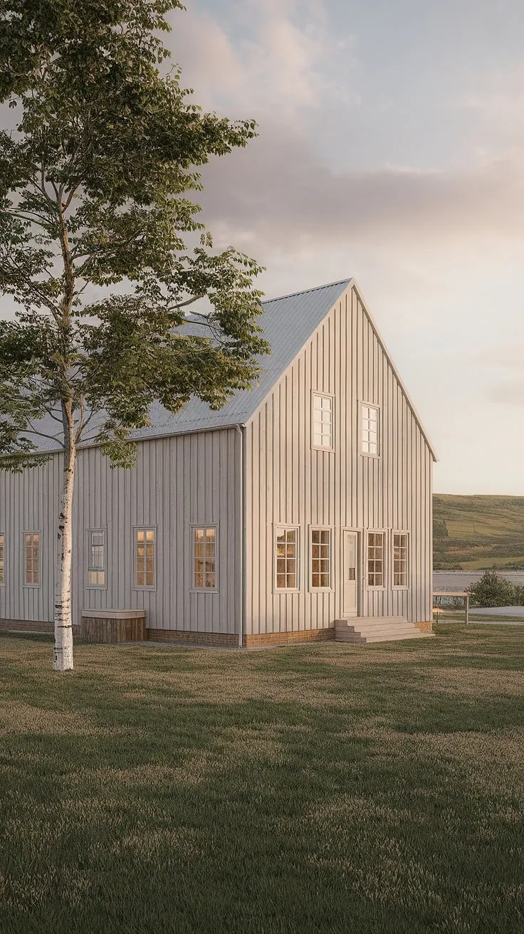 A picture-perfect Scandinavian farmhouse nestled amongst the trees. The light wood exterior and expansive windows invite the natural beauty of the landscape inside. A tranquil setting, offering a peaceful escape and a connection to nature. A dream home where modern design meets rustic charm.