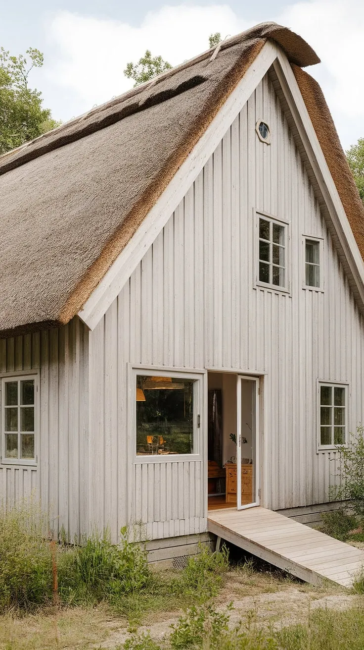 This Scandinavian farmhouse, nestled amongst lush greenery, seamlessly blends rustic charm with modern comfort. The light wood exterior and thatched roof whisper tales of generations past, while the thoughtfully designed ramp and interior promise a welcoming and accessible haven. A perfect blend of old-world appeal and contemporary living.