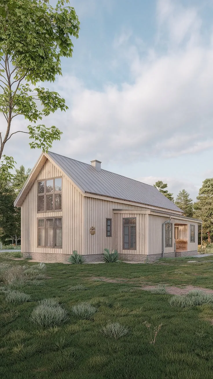 A harmonious blend of traditional Scandinavian farmhouse charm and contemporary architecture. The expansive windows bathe the interior in natural light, while the clean lines and light wood exterior create a sense of calm and serenity. A perfect example of sustainable and stylish living.