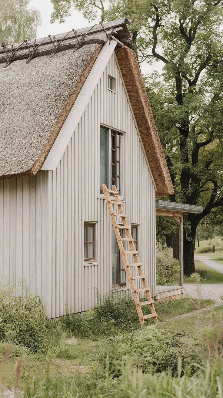 A Scandinavian dream unfolds: light wood, a thatched roof, and the quiet promise of a life lived simply, surrounded by nature's embrace. The ladder leans invitingly, hinting at adventures yet to come.