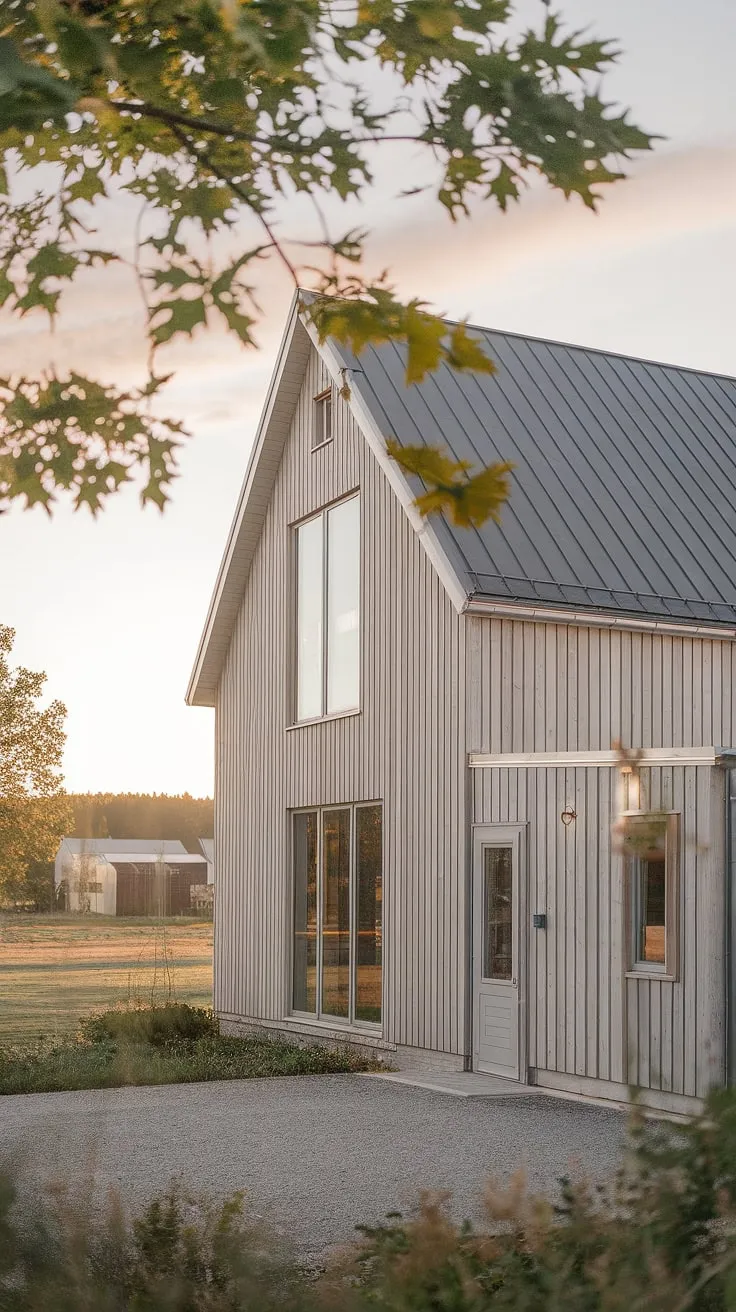 Nestled amongst the trees, this Scandinavian farmhouse embodies understated luxury. The light wood cladding and sloping roofline create a harmonious blend of traditional charm and contemporary design. A peaceful retreat awaits, offering a tranquil escape from the everyday.